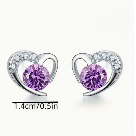 Amethyst Style Stone 925 Sterling Silver Heart with Faux Diamonds Posts NWT - Picture 2 of 2